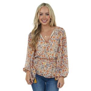 Flying Tomato NWOT yellow floral bubble sleeve peplum top M